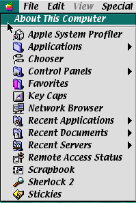 apple menu with "About this computer" option selected with the pointer