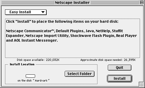 install window, easy install selected, "install" button and "quit" button are in lower right hand corner