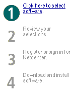 SmartUpdate steps: 1) Click here to select software (selected and hyperlinked), 2) Review your selections (not linked or selected), 3) Register or sign in for Netcenter (not linked or selected), 4) Download and install software (not linked or selected).