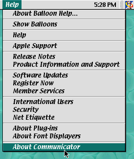 Help menu of Netscape Communicator open, bottom-most option "About Communicator" is selected.