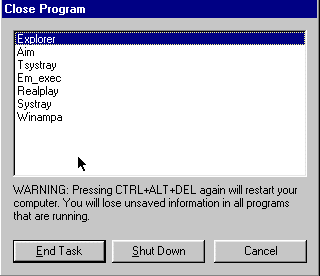This is a picture of the Close Program dialogue box with a list of active applications.  It has an End Task button, a Shut Down button, and a Cancel button.