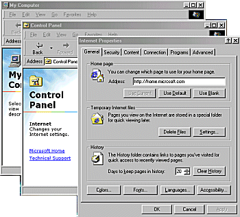 This image shows how to get to the Internet Properties.  First, the panel of My Computer is shown.  The Control Panel overlaps this, and next there is the Internet Properties box.  In this box there are the Delete Files and Clear History buttons.