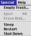 This image shows the Special menu.  It is a drop down menu that holds such commands as Empty Trash, Eject, Erase Disk, Sleep, Restart, and Shut Down.