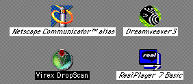 This is a picture of four icons on the desktop: Netscape alias, Dreamweaver 3, Virex Drop Scan, and Real Player 7 Basic.