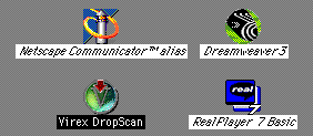 This is a picture of four icons on the desktop: Netscape alias, Dreamweaver 3, Virex Drop Scan, and Real Player 7 Basic. 