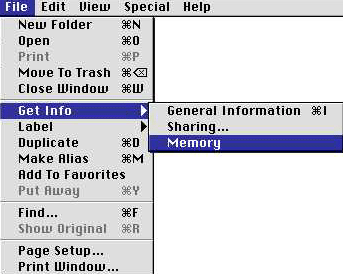 This image shows the drop down File menu.  In this menu you will find the Get Info submenu, where you should highlight Memory.
