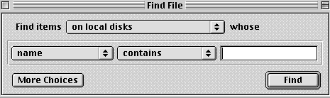 This is an image of the Find File box that will appear when using your Finder.  There is a blank box on the right hand side that you type your file name in, and a button labled Find that you push once you are done typing.