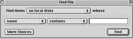 This is an image of the Find File box that will appear when using your Finder. There is a blank box on the right hand side that you type your file name in, and a button labled Find that you push once you are done typing.