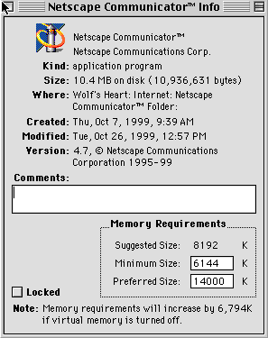 This is an image that shows the Info dialogue box. The boxes on the bottom right corner are where you can change the allotted memory.