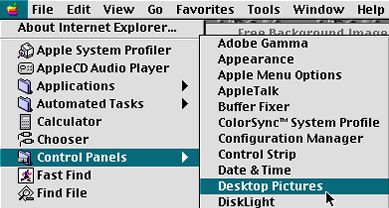 Under the Apple menu choose Control Panels, and then Desktop Pictures.