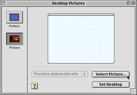 In the Desktop pictures window, the buttons Pattern and Picture are on the left. The Position, Select Picture and Set Desktop buttons are on the bottom. A preview window is in the middle of the window.