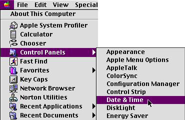 Apple menu showing the selection of the control panel, and then the date and time option.