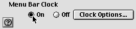 Menu Bar Clock section.  The "on" radio button is selected. Clock Options button is located here.