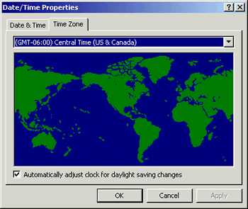Date/Time Properties: Time zone tab has been clicked, map of world is depicted, daylight savings option available, and Ok, Cancel, and Apply buttons are shown. 