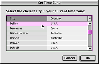 Set Time Zone window.  Dallas USA is selected. Okay button located at the bottom right.