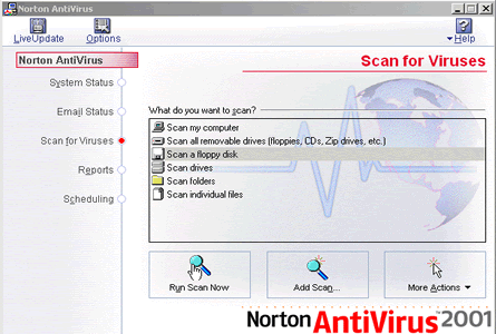 This is an image of the Norton AntiVirus 2001.  Select a drive in the middle box, and push the button on the bottom left to scan the disk.